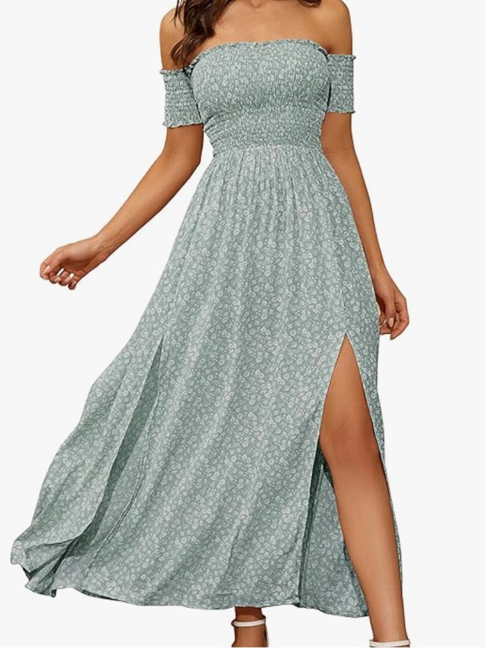 Off-Shoulder Smocked Maxi Dress in Sage Green Color - Size Large